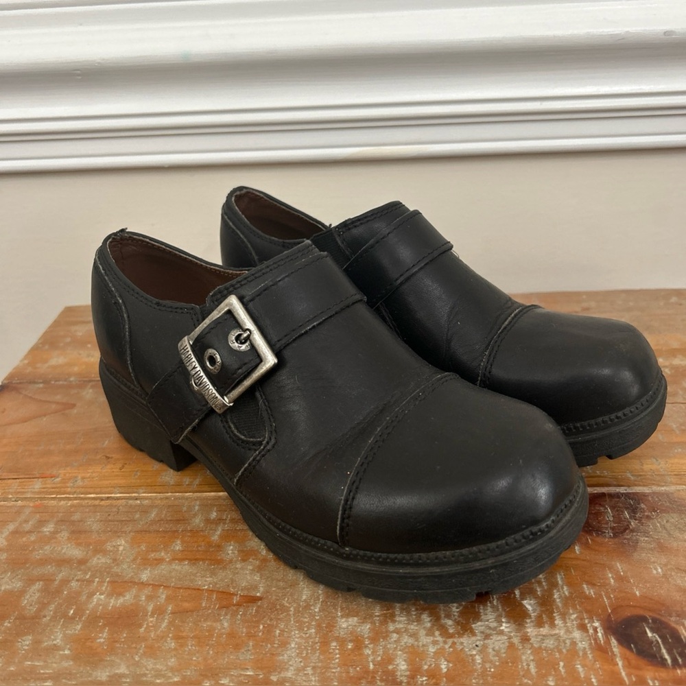 Harley Davidson Clogs Womens Size 7 Black Leather Slip On Shoes Biker Platform